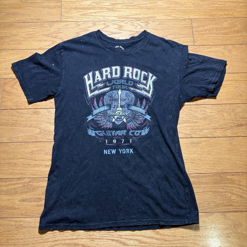 Hard Rock Cafe Guitar Co World Tour 50 Yrs Black Acid Wash New York Shirt L